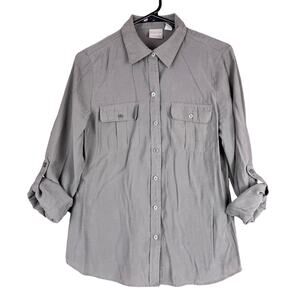 Chicos Womens Shirt Tan Brown Button Down Roll Tab Sleeve Tunic Stretch 0 (S)